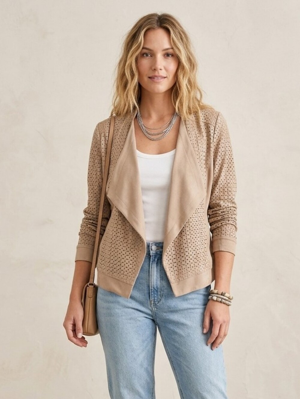 Lysse Textured Fawn Brown Faux Suede Waterfall Draped Jacket Size M